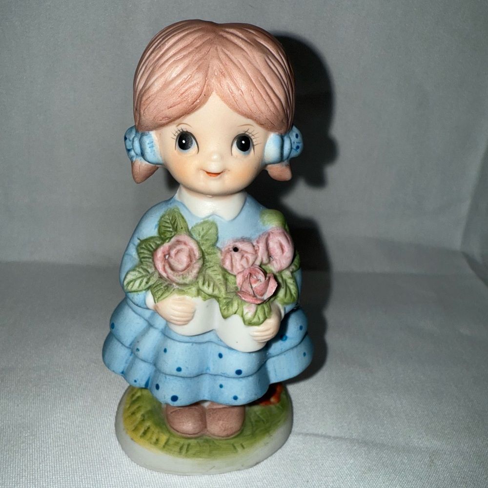 Vintage Bisque Porcelain Girl Figurine in Blue Dress Holding Roses Cottage Decor